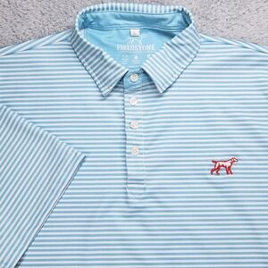 Fieldstone Polo Shirt Mens Large Light Blue Stripe Dog Logo Golf Performance